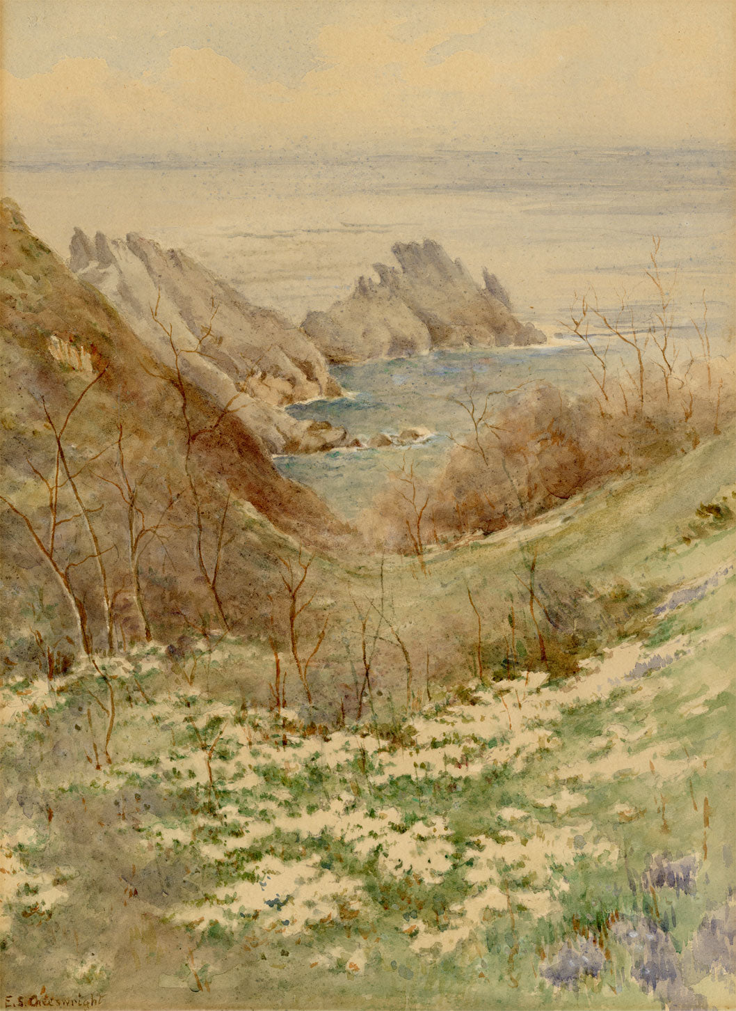 Ethel Sophia Cheeswright, Rocks off Guernsey – early C20th watercolour painting