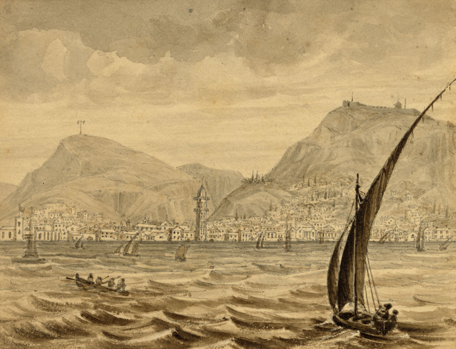 Posiblemente James Holland OWS, Zante desde el puerto, Grecia – acuarela de la década de 1830
