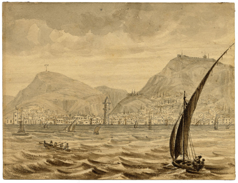 Posiblemente James Holland OWS, Zante desde el puerto, Grecia – acuarela de la década de 1830