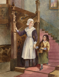 A.F. Busk, Maid with Young Girl on Staircase – 1875 watercolour painting