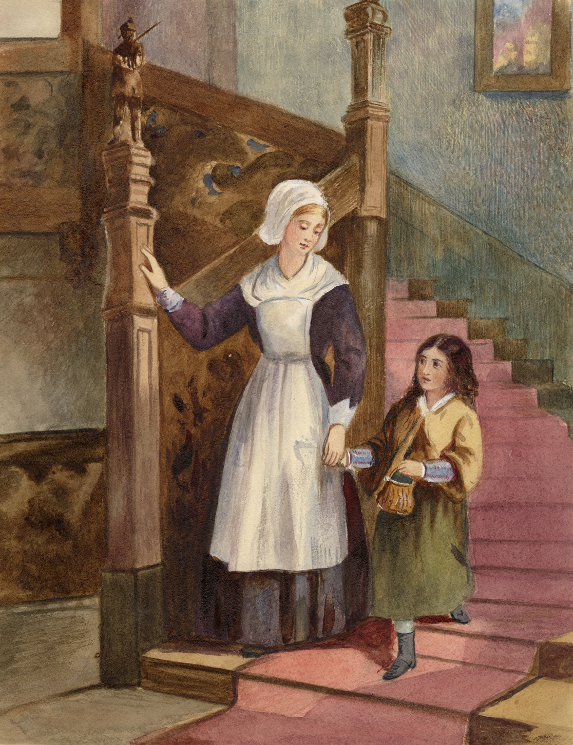 A.F. Busk, Maid with Young Girl on Staircase – 1875 watercolour painting