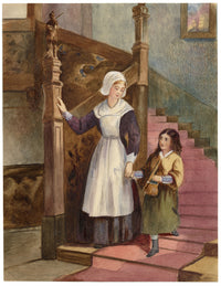A.F. Busk, Maid with Young Girl on Staircase – 1875 watercolour painting