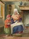 A.F. Busk, Dutch Interior with Grandmother & Girl – 1870s watercolour painting