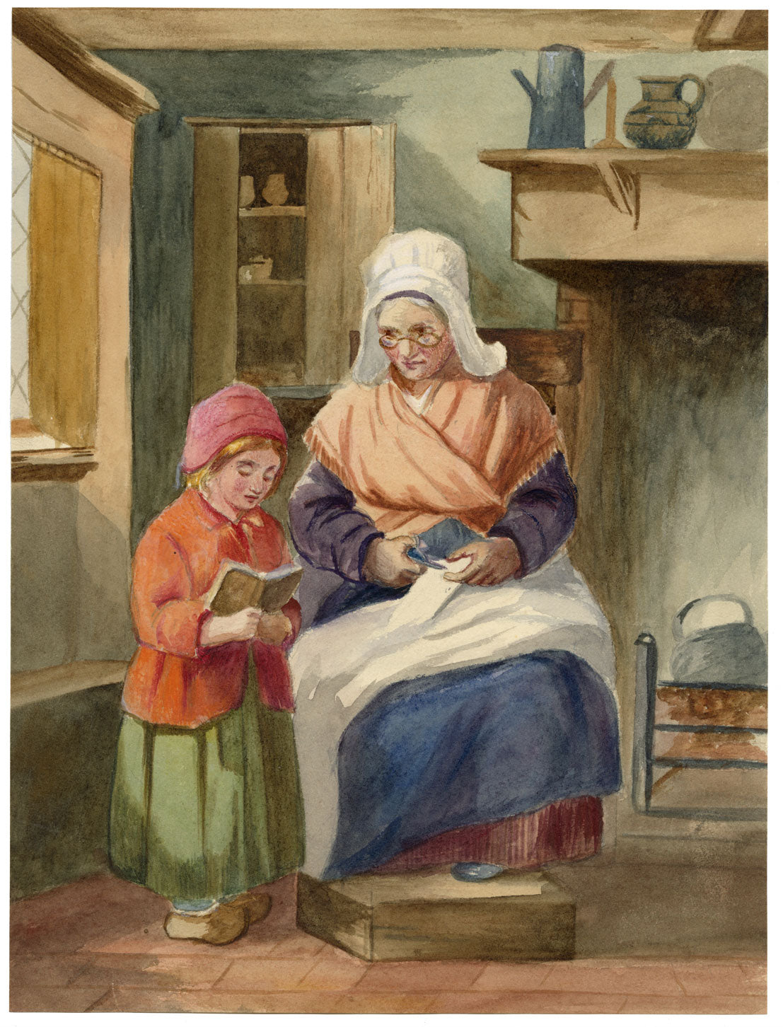 A.F. Busk, Dutch Interior with Grandmother & Girl – 1870s watercolour painting