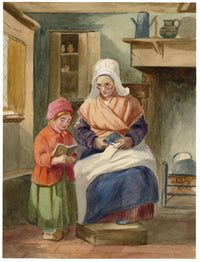A.F. Busk, Dutch Interior with Grandmother & Girl – 1870s watercolour painting