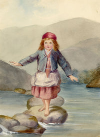 A.F. Busk, Girl on Stepping Stones – Original 1876 watercolour painting