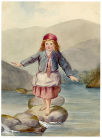 A.F. Busk, Girl on Stepping Stones – Original 1876 watercolour painting