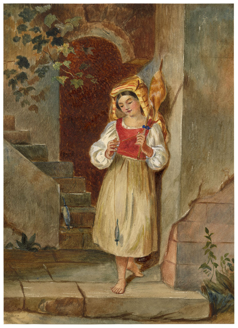 A.F. Busk, A Young Spinner – Original 1870s watercolour painting
