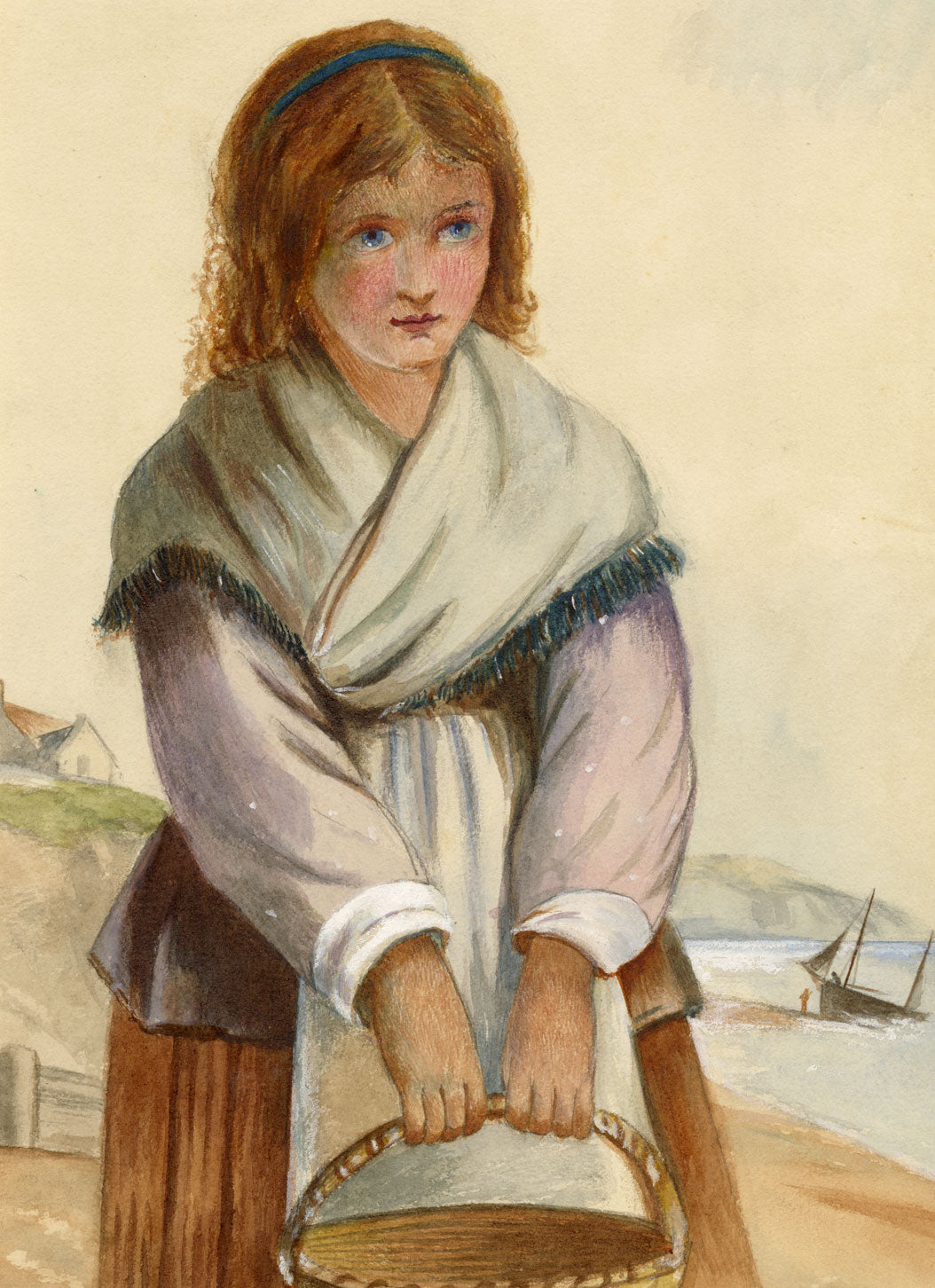 A.F. Busk, Fishergirl on the Beach – Original 1870s watercolour painting