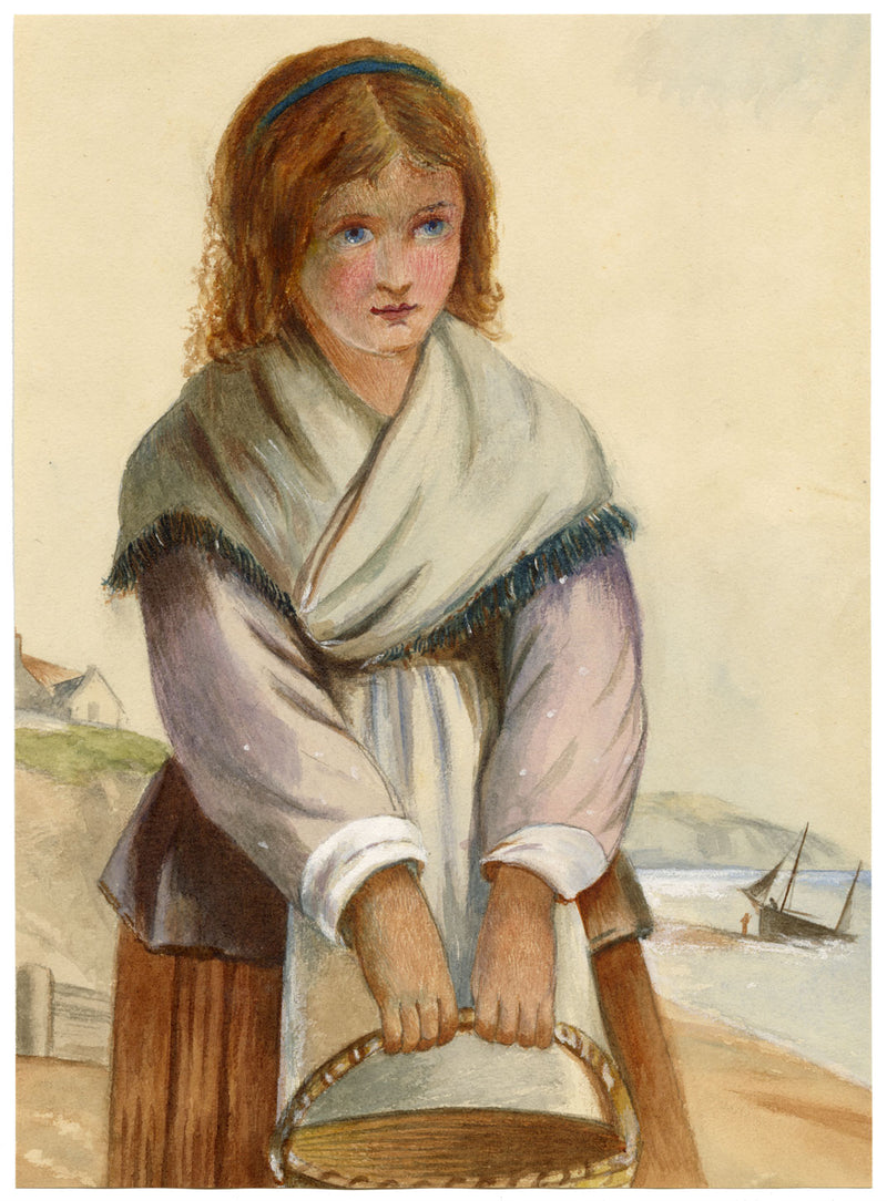 A.F. Busk, Fishergirl on the Beach – Original 1870s watercolour painting