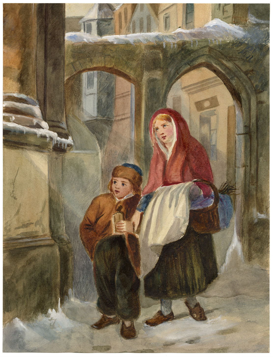 A.F. Busk, Children on a London Street – Original 1873 watercolour painting