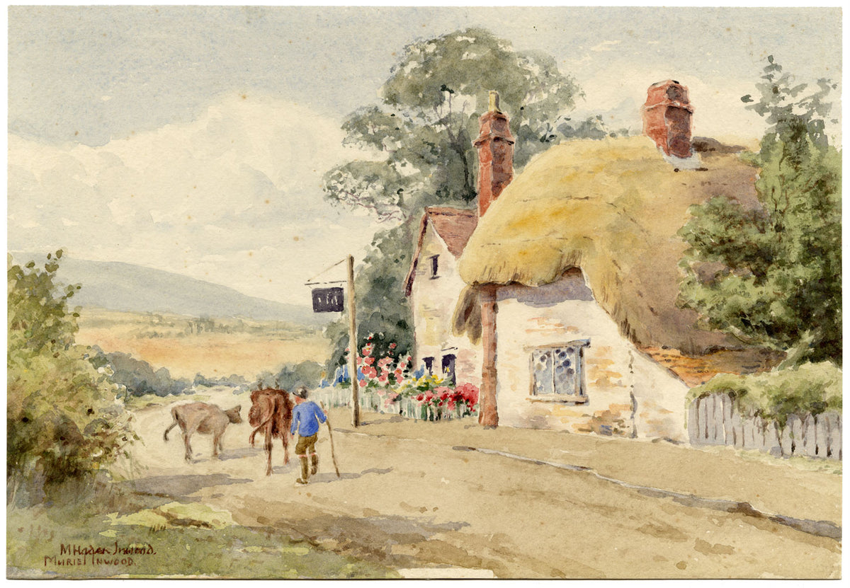 Muriel Inwood, Pub con tetto di paglia su una strada rurale – acquerello della metà del XX secolo