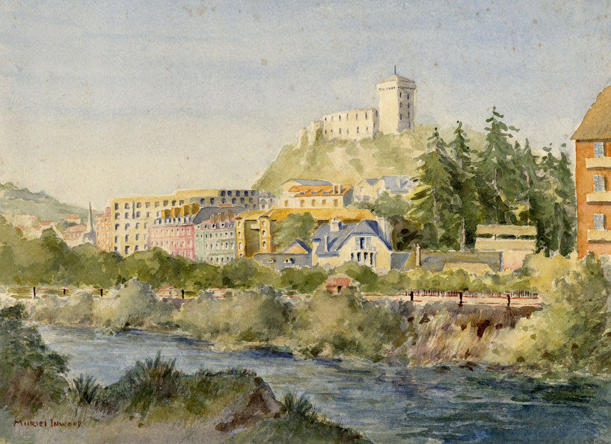 Muriel Inwood, Château Fort de Lourdes from Gave de Pau – mid-C20th watercolour