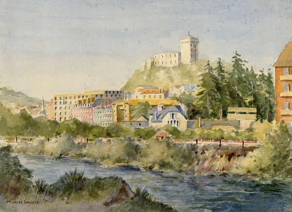 Muriel Inwood, Château Fort de Lourdes from Gave de Pau – mid-C20th watercolour