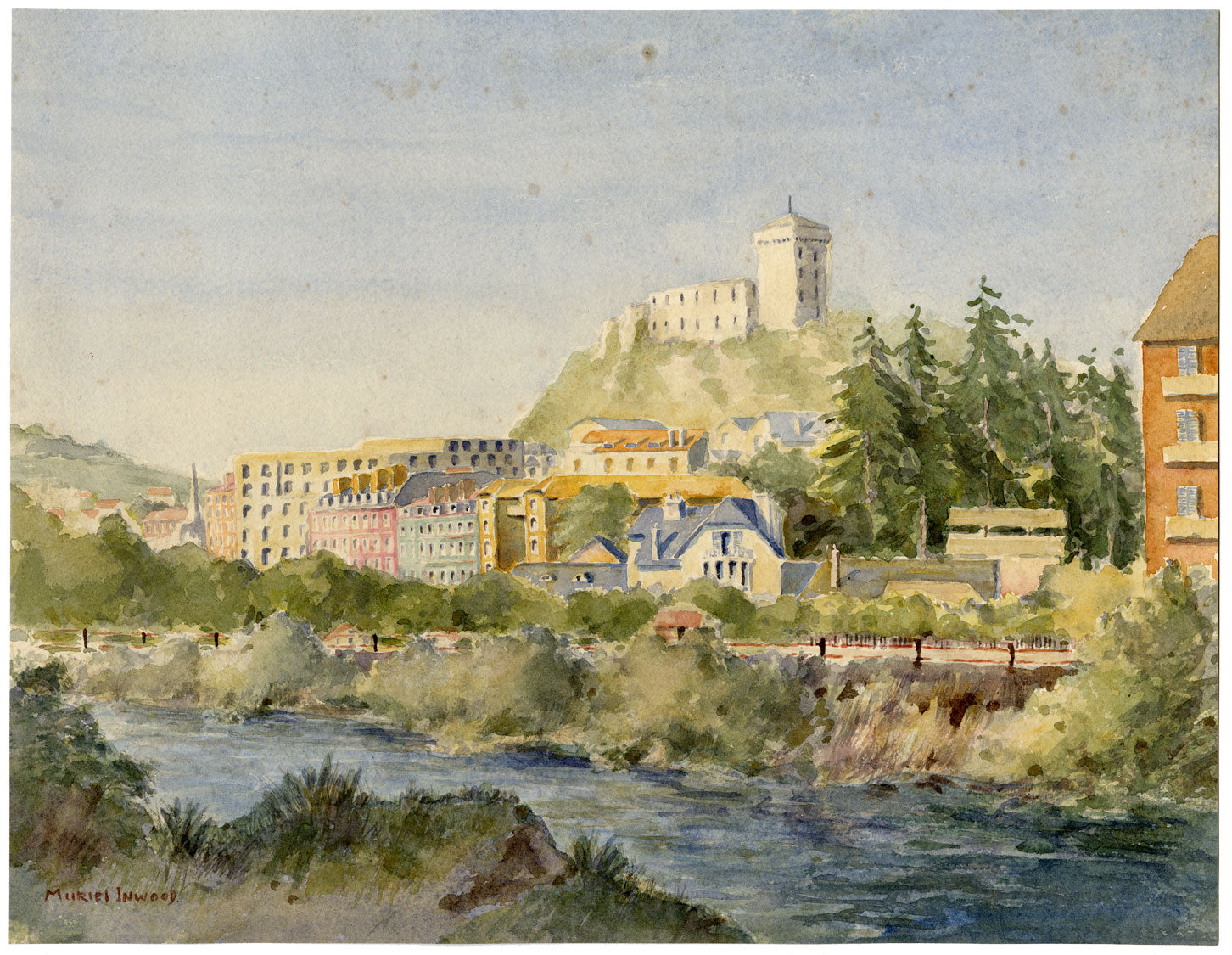 Muriel Inwood, Castello di Lourdes dal Gave de Pau – acquerello della metà del XX secolo