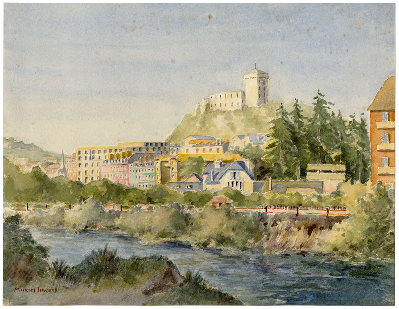 Muriel Inwood, Castello di Lourdes dal Gave de Pau – acquerello della metà del XX secolo