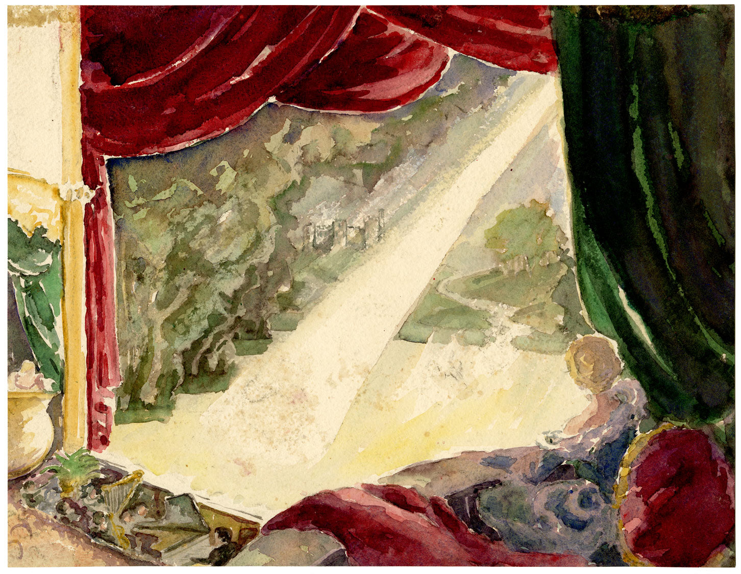 Muriel Inwood, Castello di Lourdes dal Gave de Pau – acquerello della metà del XX secolo