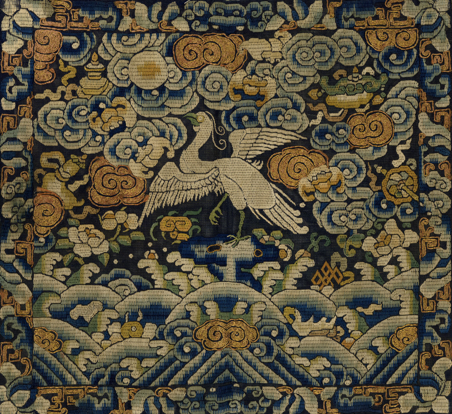 Distintivo di grado in seta cinese della dinastia Qing – Ricamo del XIX secolo, Airone di sesto grado