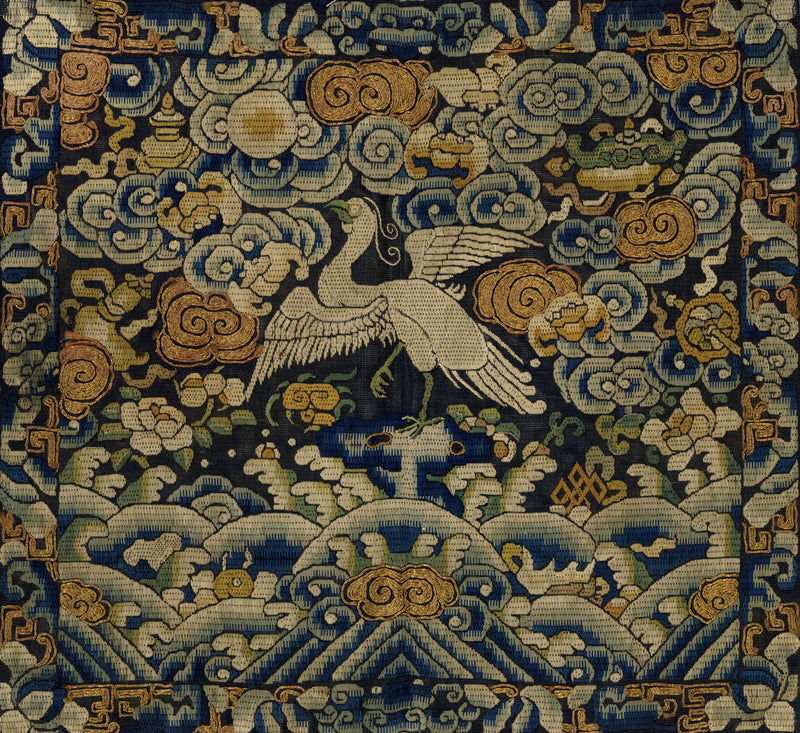 Distintivo di grado in seta cinese della dinastia Qing – Ricamo del XIX secolo, Airone di sesto grado