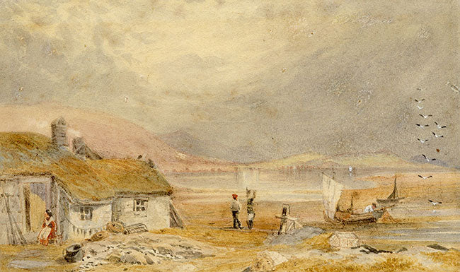 Coastal Bay with Cottage & Fishermen – mid-19th-century watercolour painting
