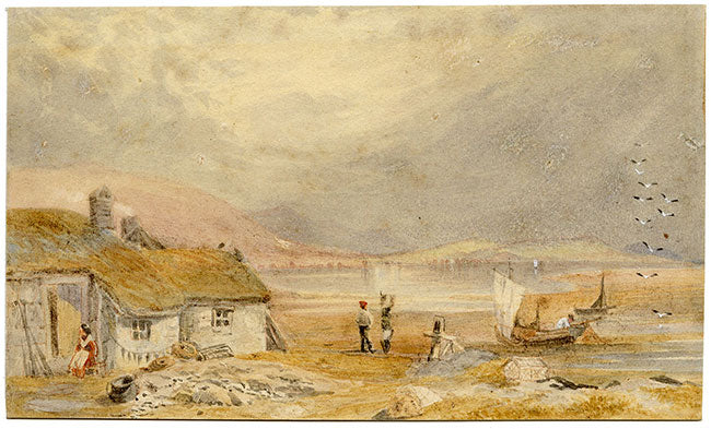 Bahía costera con cabaña y pescadores: acuarela de mediados del siglo XIX