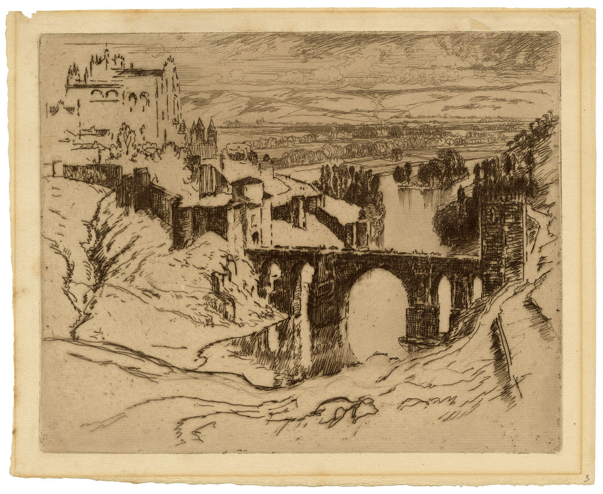 Joseph Pennell, Ponte di San Martino, Toledo, Spagna – Stampa all'acquaforte originale del 1903