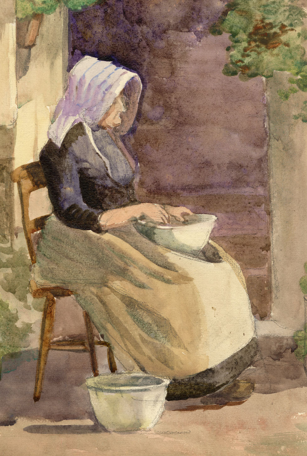 Isabel Lewis, Seated Peasant Woman, France – c.1900s watercolour painting
