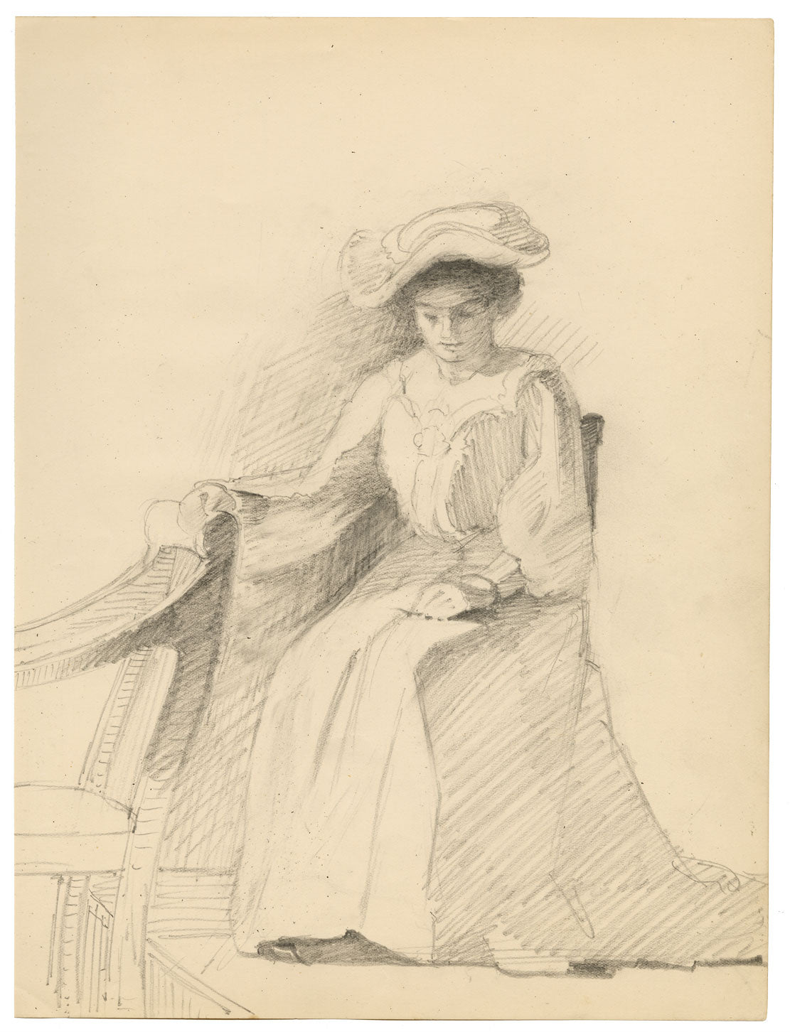 Isabel Lewis, Dama sentada eduardiana – Dibujo original a grafito de c. 1900