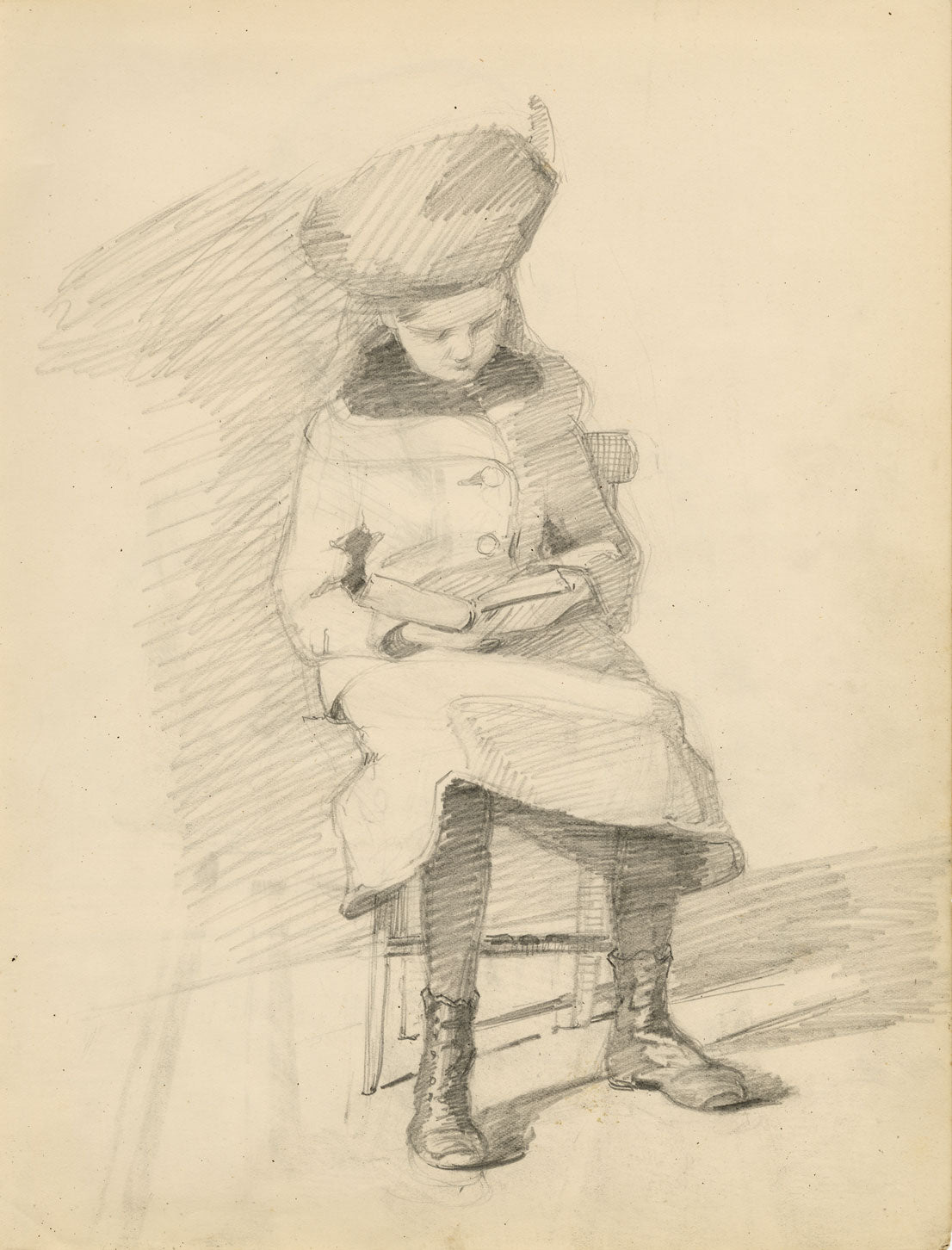 Isabel Lewis, Edwardian Seated Girl Reading – Original c.1900s graphite drawing