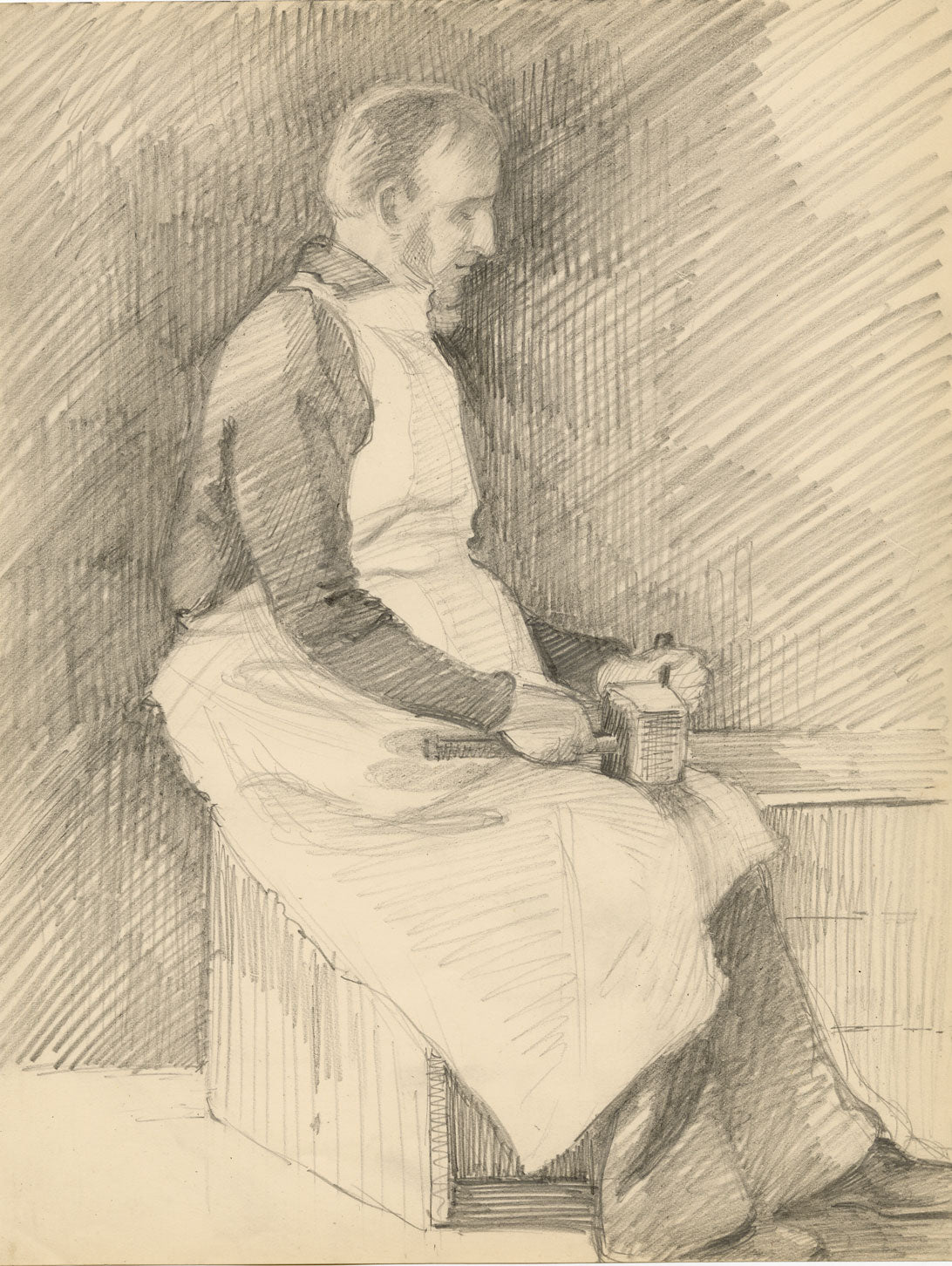 Isabel Lewis, Carpenter with His Tools – Original c.1900s graphite drawing