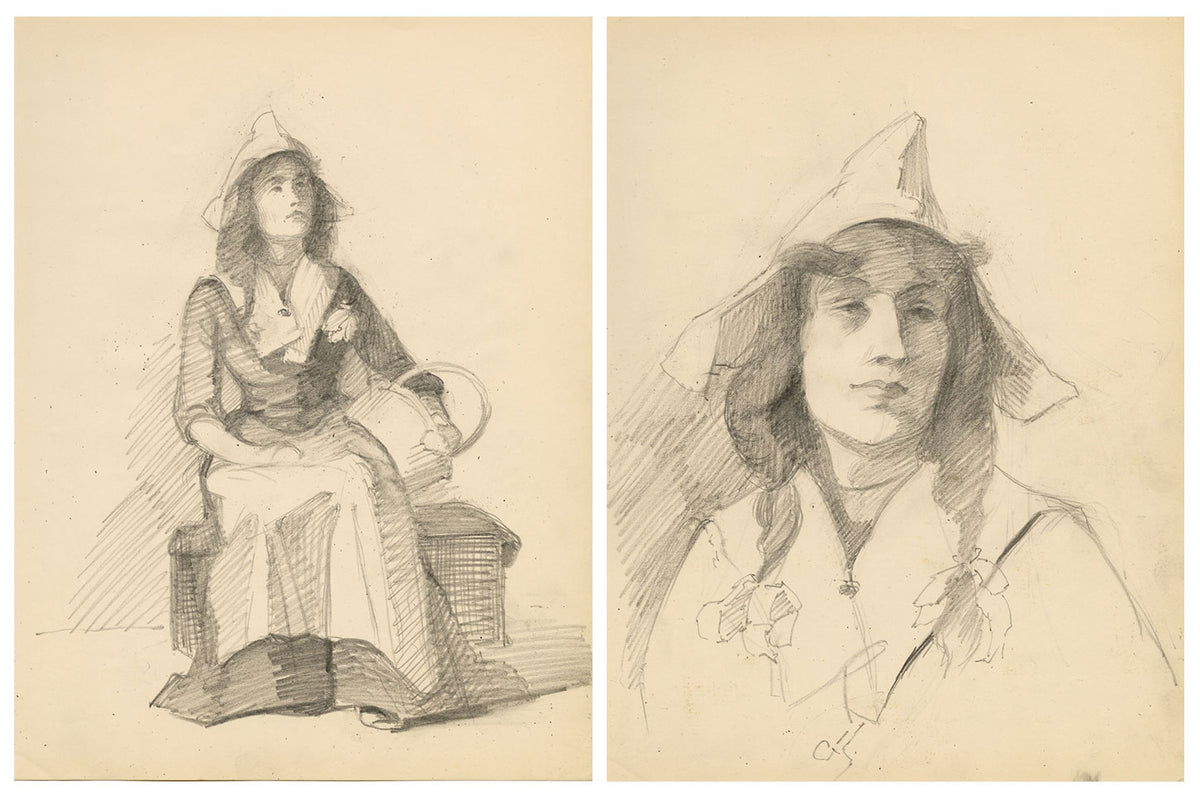 Isabel Lewis, Young Lady in Dutch Bonnet – Pair of c.1900s graphite drawings