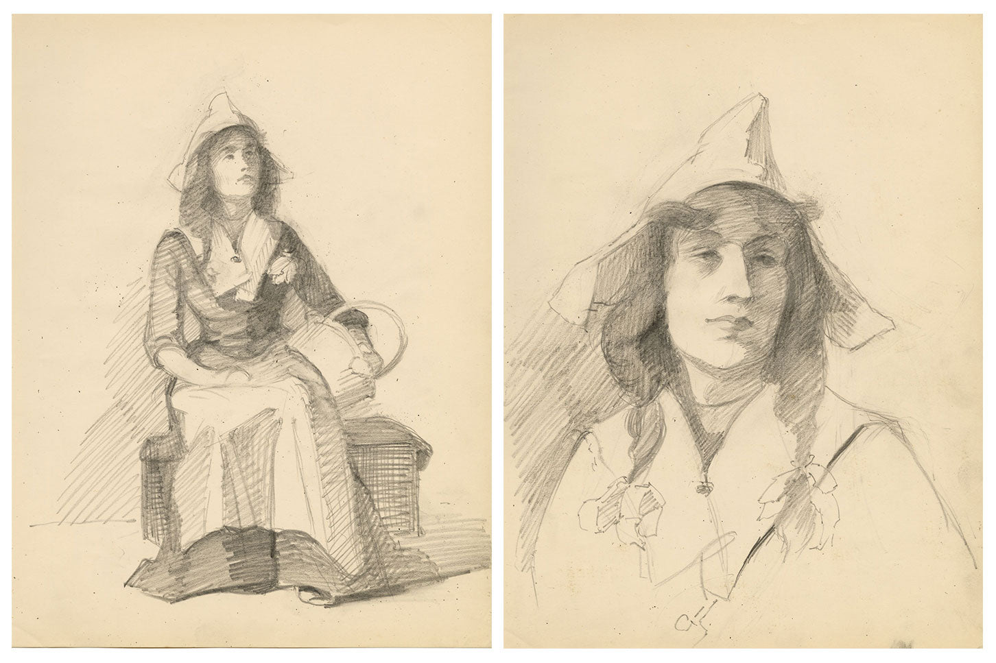 Isabel Lewis, Young Lady in Dutch Bonnet – Pair of c.1900s graphite drawings