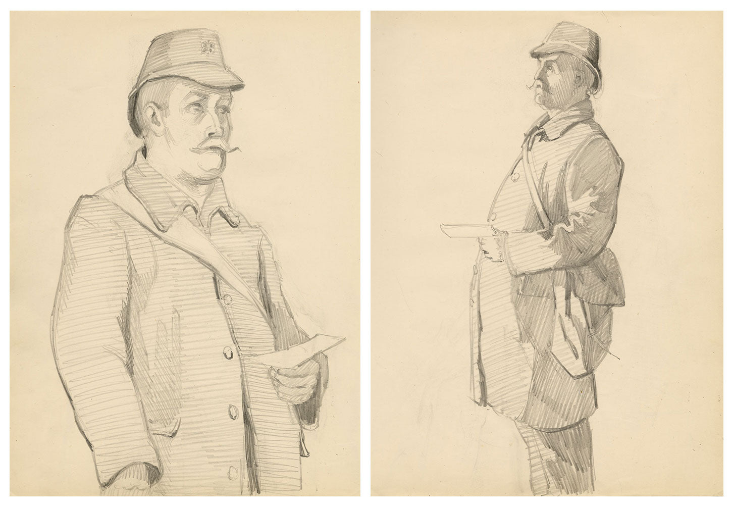 Isabel Lewis, Postman in Double Peaked Shako Hat – Pair of c.1900s drawings