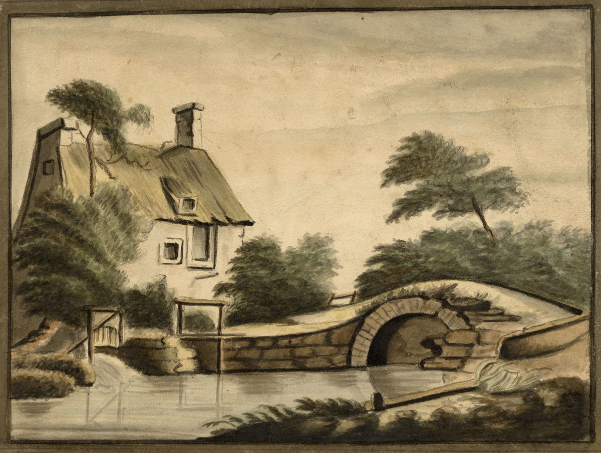 Augustus Flower Freeman, Thatched Cottage by Bridge – 1816 watercolour painting