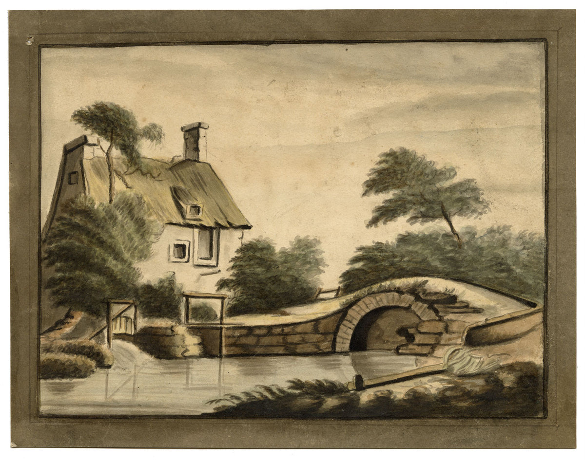 Augustus Flower Freeman, Cabaña con techo de paja junto al puente – acuarela de 1816