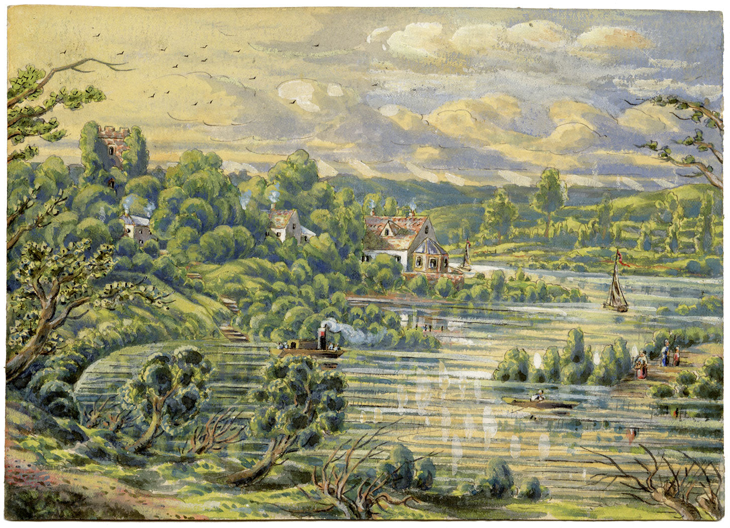 J.W. Bradley, Watermarks Ferry, Severn, Worcester –early C19th gouache painting