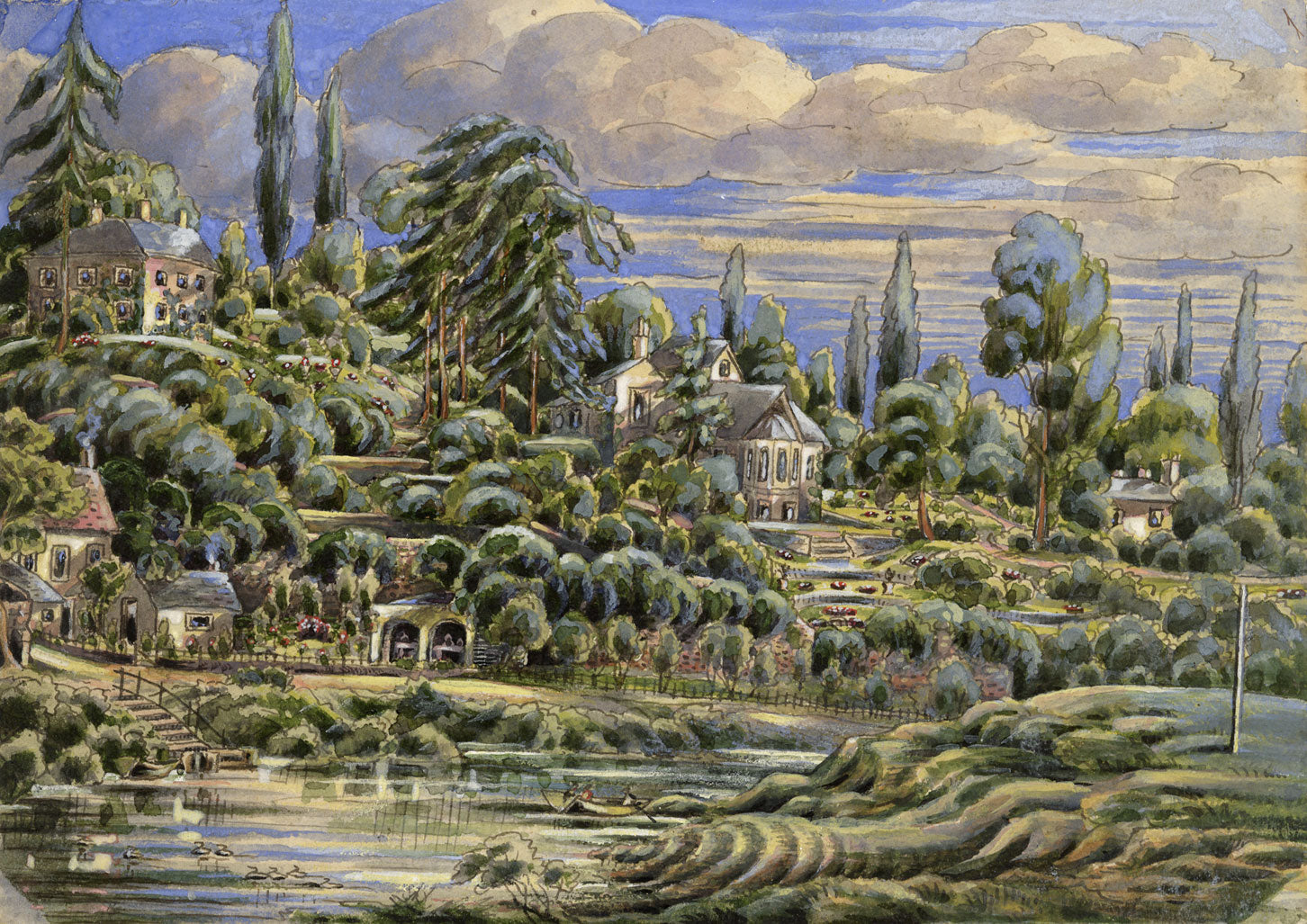 J.W. Bradley, Severn at Dog & Duck Ferry, Worcester–early C19th gouache painting