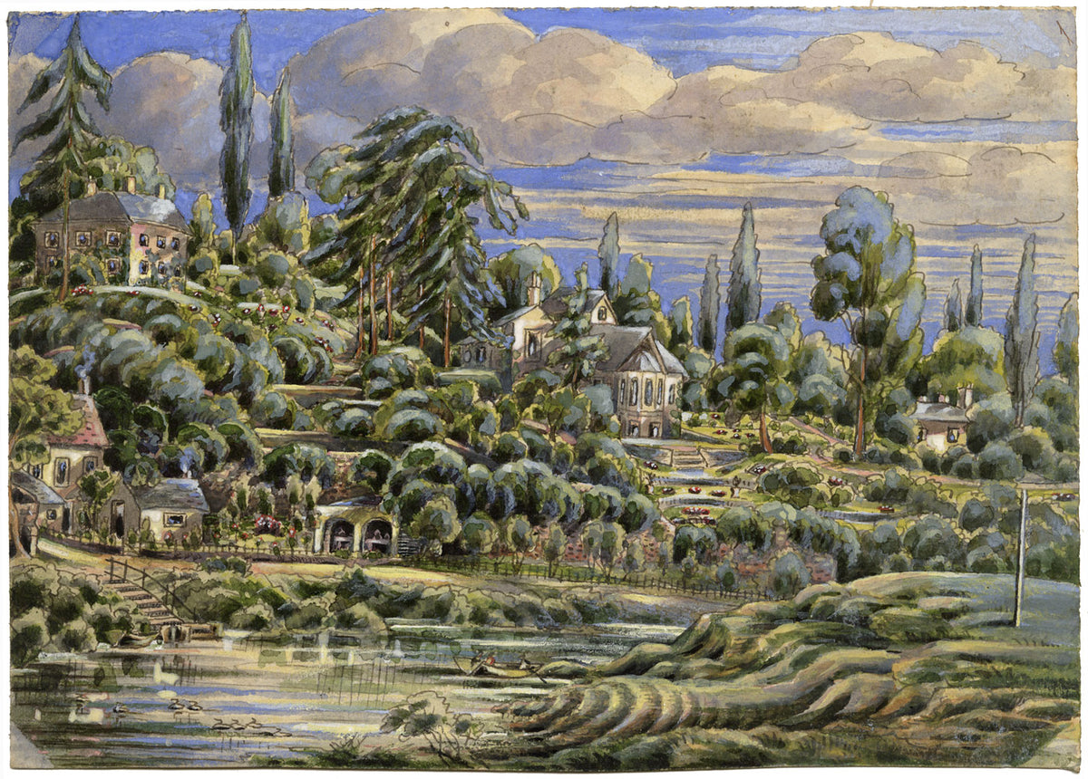 J.W. Bradley, Severn at Dog & Duck Ferry, Worcester–early C19th gouache painting