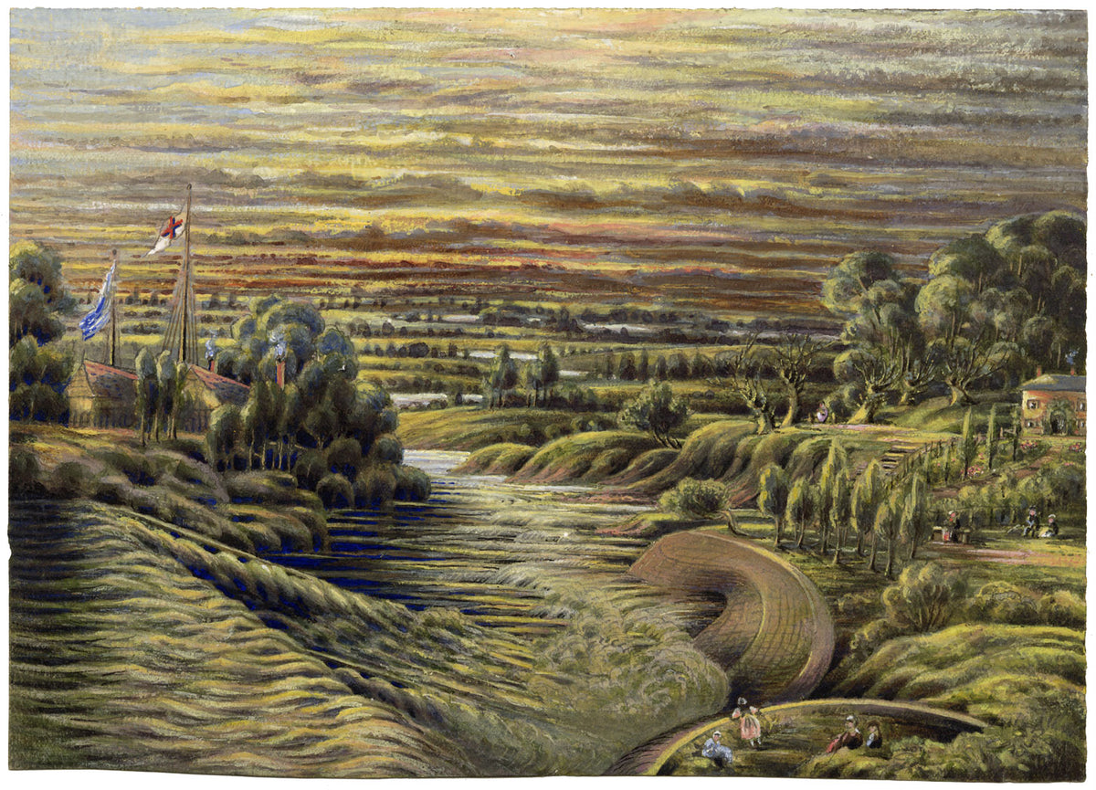 JW Bradley, Weir on the Severn, Worcestershire – dipinto a guazzo dei primi del XIX secolo