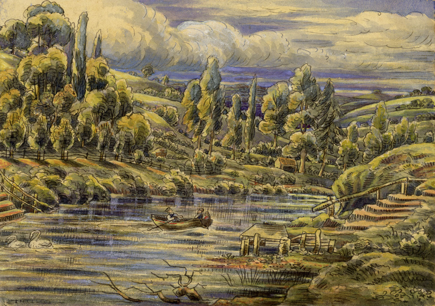 J.W. Bradley, Ferry on River Severn, Worcestershire–early C19th gouache painting