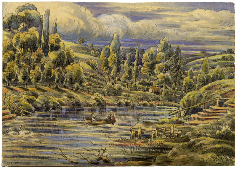 J.W. Bradley, Ferry on River Severn, Worcestershire–early C19th gouache painting