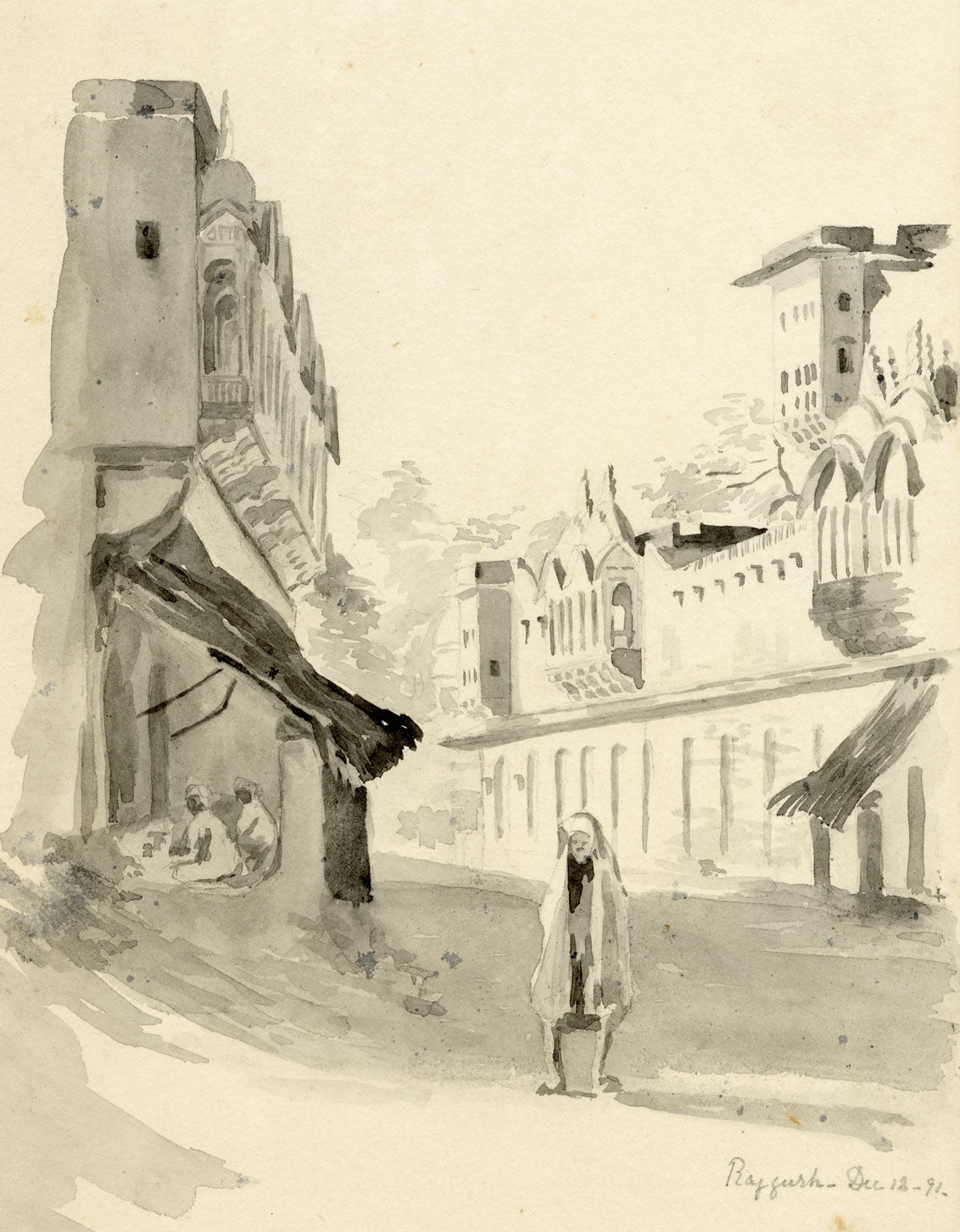 Etta Fraser, Street in Rajgarh, Madhya Pradesh, India –1891 watercolour painting