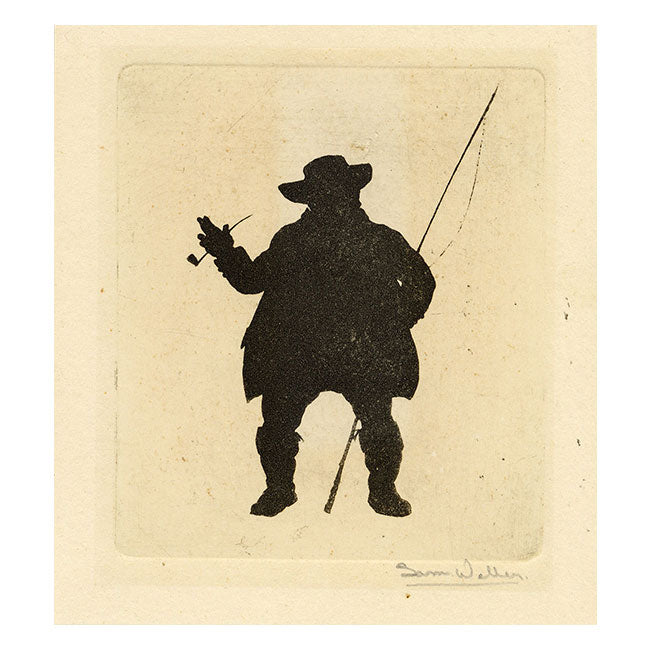 Sam Waller, Gentleman Silhouette with Rod & Pipe – early 20th etching print