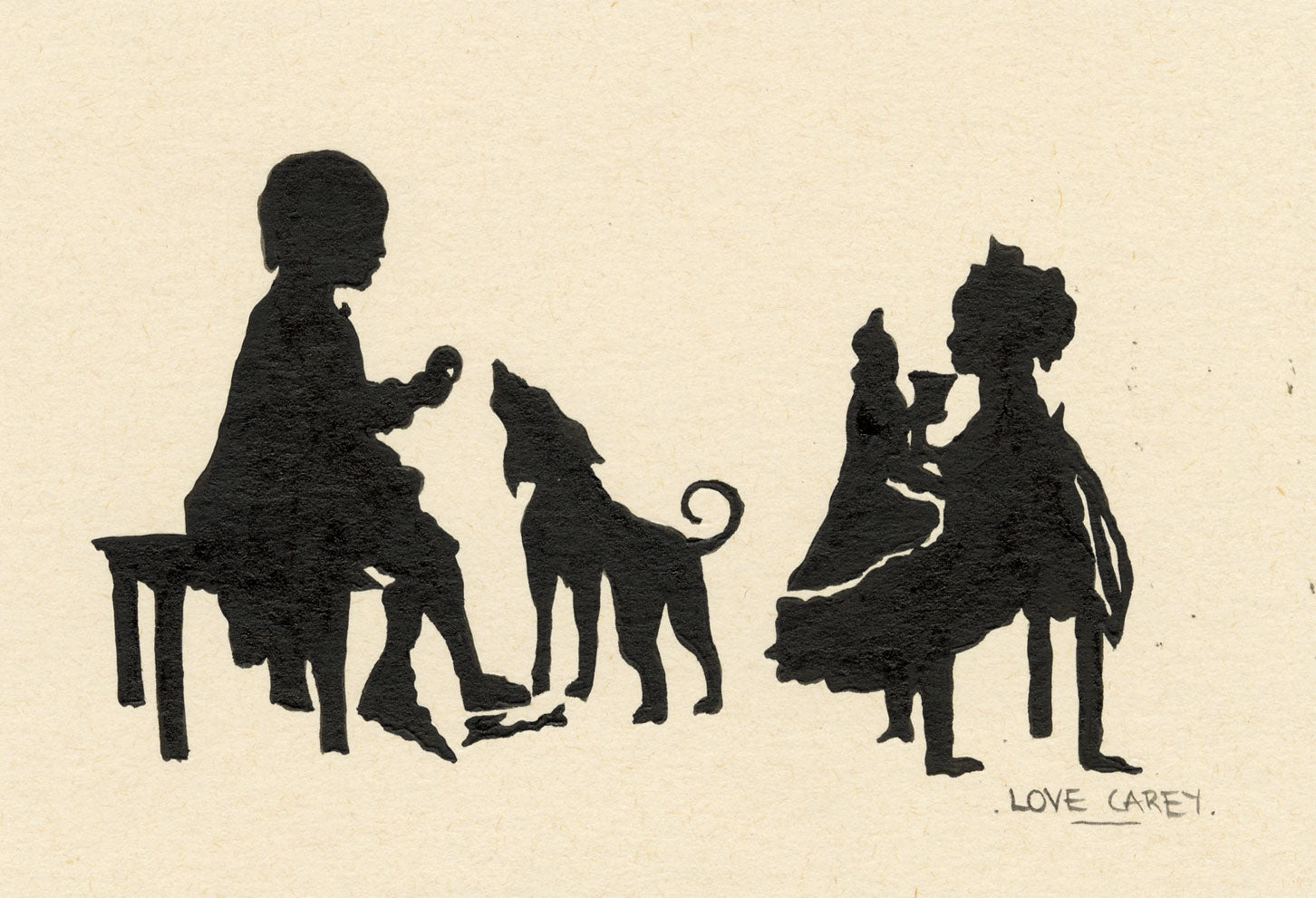 Carey, Children with Dog Ink Silhouette – mid-20th-century black ink drawing
