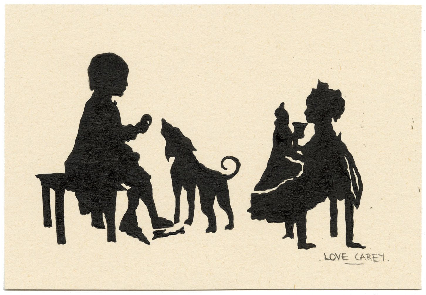Carey, Bambini con sagoma di cane – disegno a inchiostro nero della metà del XX secolo