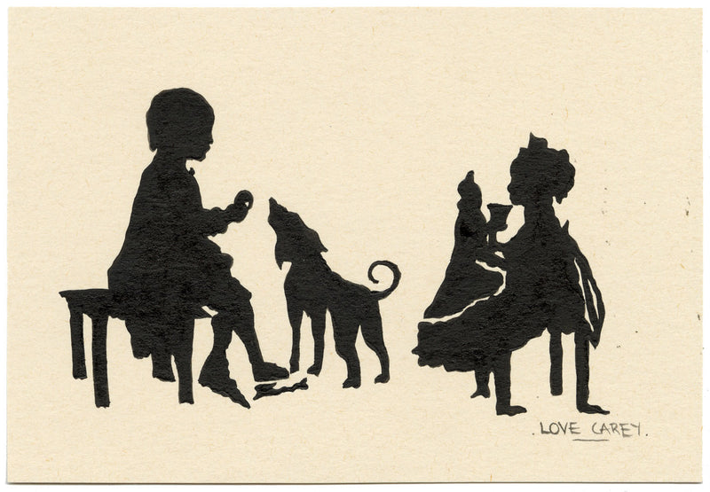 Carey, Bambini con sagoma di cane – disegno a inchiostro nero della metà del XX secolo