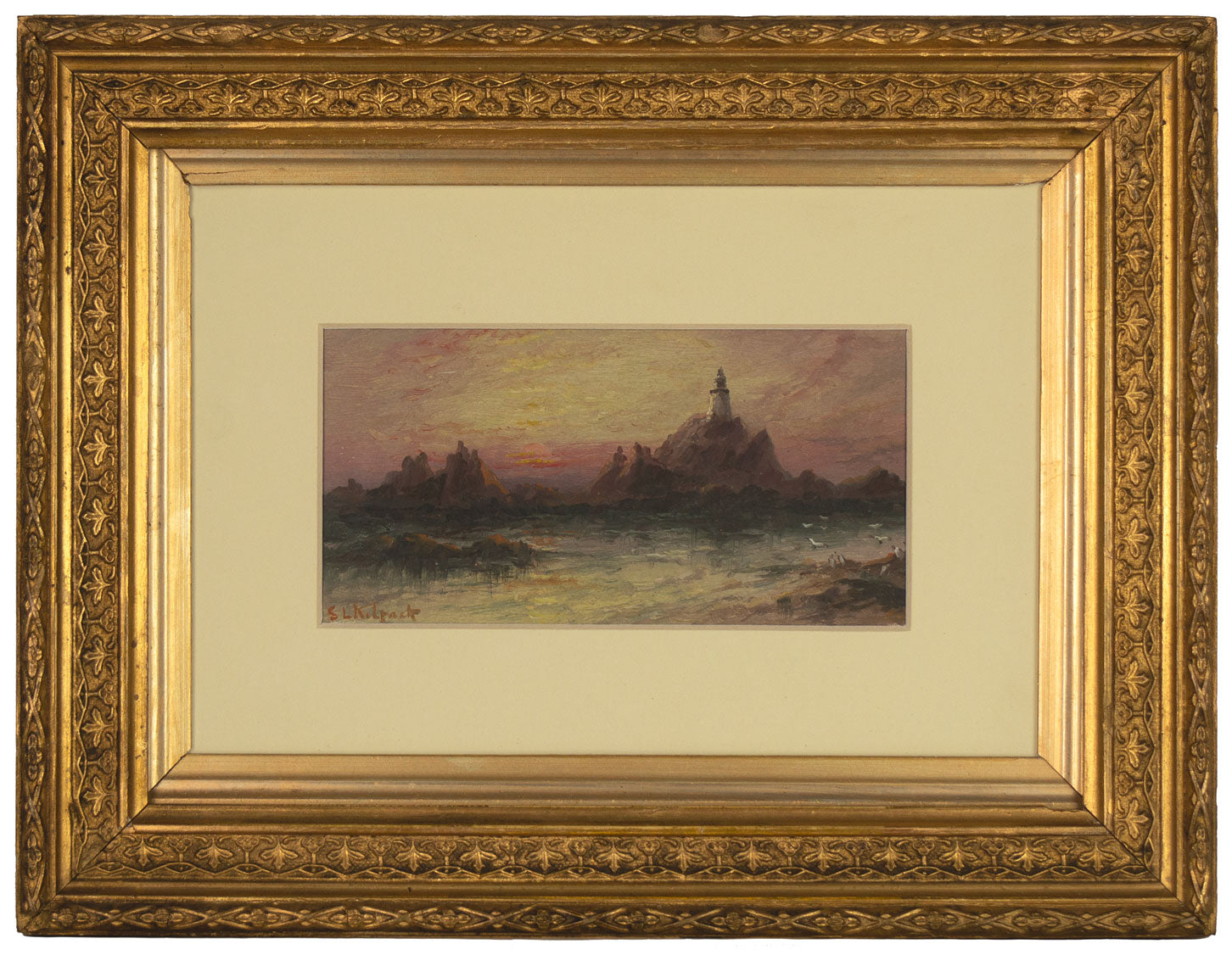 Sarah Louisa Kilpack, Tramonto, La Corbière, Jersey – Dipinto ad olio su carta del XIX secolo