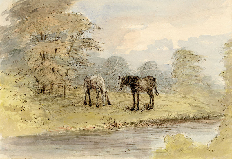 John Wilson, Horses Grazing by Riverbank, near Torquay, Devon –c1875 watercolour