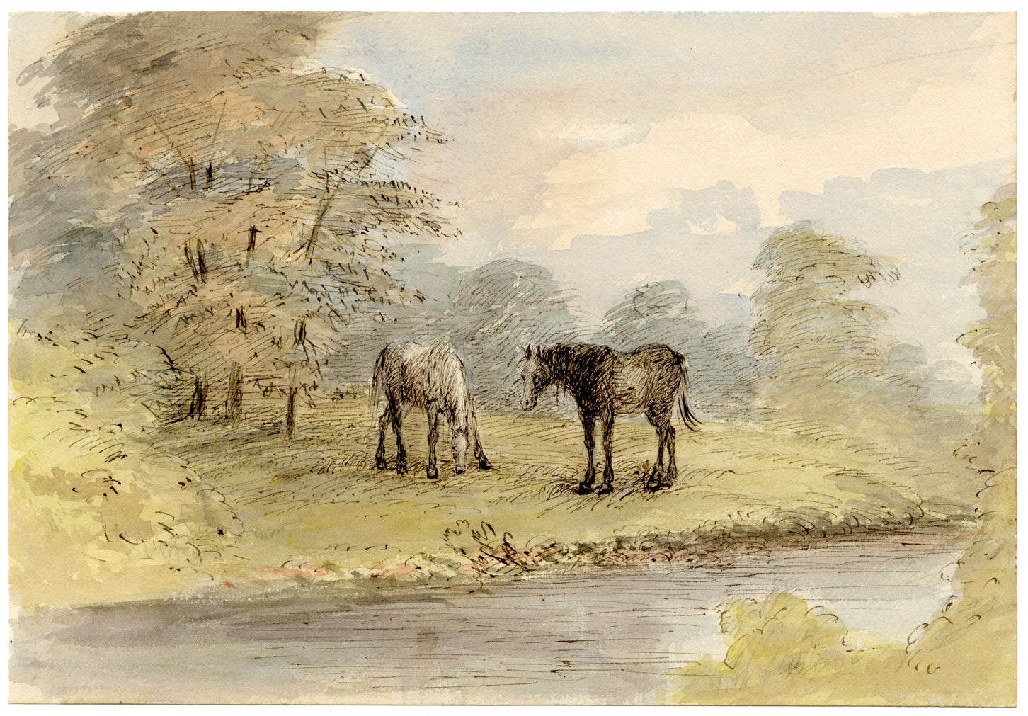 John Wilson, Horses Grazing by Riverbank, near Torquay, Devon –c1875 watercolour