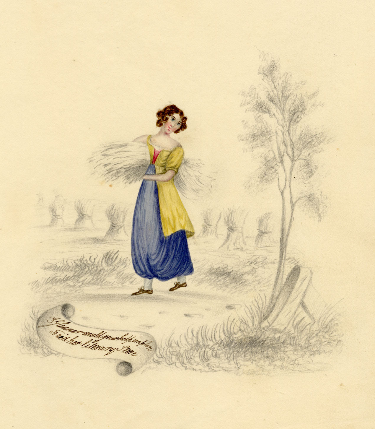 A Female 'Literary' Gleaner – Original c.1831 watercolour painting